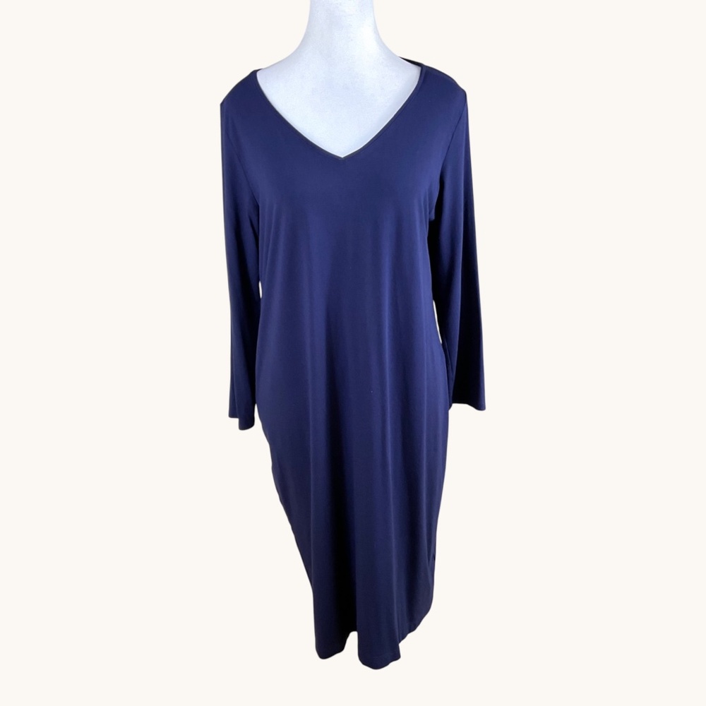 Eileen Fisher Dress Blue Jersey Knit V-Neck Long Sleeve (L)